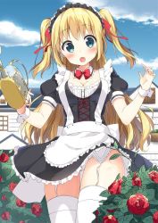 Rule 34 | 1girl, :o, blonde hair, blue eyes, blush, breasts, character request, cleavage, flower, garter straps, jpeg artifacts, long hair, maid, maid headdress, masuishi kinoto, medium breasts, open mouth, panties, pantyshot, shima (shima je), solo, thighhighs, twintails, two side up, underwear, watering can, white panties, white thighhighs