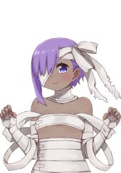 Rule 34 | 1girl, asymmetrical bangs, bandage over one eye, bandaged arm, bandages, blush, breasts, closed mouth, dark-skinned female, dark skin, fate/prototype, fate/prototype: fragments of blue and silver, fate (series), hair over one eye, hands up, hassan of serenity (fate), i.u.y, naked bandage, purple eyes, purple hair, simple background, small breasts, solo, upper body, white background