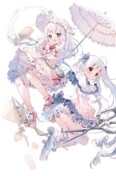 Rule 34 | 2girls, amafuyu, ass, blue eyes, blush, bonnet, bow, bowtie, broom, chain whip, chain, colored skin, doll joints, dress, flail, frilled dress, frills, hair between eyes, hair ribbon, highres, image sample, jewelry, joints, locket, mary janes, multiple girls, music box, original, pendant, pinstripe pattern, pocket watch, red eyes, ribbon, scissors, shoes, striped, thighs, twitter sample, umbrella, watch, weapon, white background, white hair, white skin