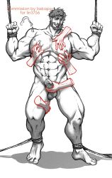 Rule 34 | 1boy, abs, bara, beard, biceps, bound, bound ankles, bound wrists, commission, cum, closed eyes, facial hair, fate/grand order, fate/zero, fate (series), grabbing, greyscale, groping, handjob, highres, iskandar (fate), laskapsy, male focus, messy hair, monochrome, muscular, muscular male, navel, nipples, pectoral grab, pectorals, penis, projectile cum, scar, scar on arm, short hair, solo focus, standing, thick thighs, thigh grab, thighs, uncensored