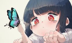 Rule 34 | 1girl, :&lt;, blue hair, blunt bangs, blush, bug, butterfly, butterfly on hand, dark blue hair, highres, idolmaster, idolmaster cinderella girls, insect, looking at animal, rang hae, red eyes, sajo yukimi, shirt, simple background, solo, white shirt