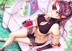 Rule 34 | 1girl, alternate costume, azur lane, bag, bare shoulders, breasts, bridal gauntlets, cellphone, cleavage, cleavage cutout, clothing cutout, commission, gloves, hair between eyes, hand on own chest, high ponytail, highres, horns, indoors, izumo (azur lane), large breasts, long hair, off-shoulder jacket, off shoulder, phone, plant, pointy ears, potted plant, purple eyes, purple gloves, purple hair, purple skirt, ribbed sweater, riq semak, sitting, skin-covered horns, skirt, sleeveless, sleeveless sweater, smartphone, solo, sweater