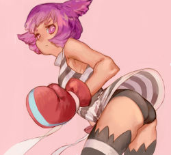 Rule 34 | 1girl, 3838383, :&lt;, ass, bare shoulders, black panties, black thighhighs, bob cut, boxing gloves, character request, dress, looking at viewer, panties, pantyshot, pink background, purple eyes, purple hair, short hair, simple background, sleeveless, solo, striped clothes, striped dress, tan, thighhighs, underwear
