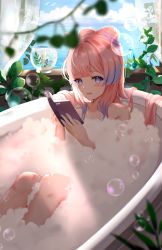 Rule 34 | 1girl, :d, bathing, bathtub, bird, blue sky, blunt bangs, blush, book, bubble, collarbone, commentary request, completely nude, convenient censoring, curtains, fish, fishbowl, genshin impact, gradient hair, hair ornament, highres, holding, holding book, light rays, long hair, looking at viewer, multicolored hair, nasii, nude, ocean, open book, open mouth, partially submerged, pink hair, plant, purple eyes, purple hair, revision, sangonomiya kokomi, sky, smile, soap bubbles, solo, sunbeam, sunlight, thick eyebrows, water, wet, wet hair, window