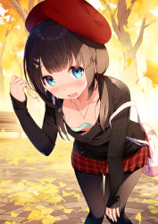 Rule 34 | 1girl, backpack, bad id, bad pixiv id, bag, bench, beret, black pantyhose, black sweater, blue eyes, blush, bra, breasts, brown hair, collarbone, day, green bra, hair ornament, hair tie, hairclip, hat, highres, kat (bu-kunn), leaf, leaning forward, long sleeves, looking at viewer, low twintails, original, outdoors, pantyhose, park bench, plaid, plaid skirt, red hat, red skirt, ribbed sweater, skirt, small breasts, solo, sweat, sweater, twintails, underwear