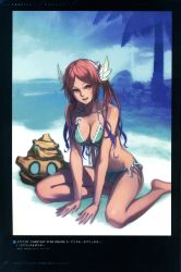 Rule 34 | 1girl, absurdres, akikazu mizuno, arm support, beach, bikini, breasts, cleavage, day, front-tie top, hair ornament, head wings, highres, large breasts, long hair, looking at viewer, multicolored hair, official art, open mouth, orange eyes, orange hair, palm tree, phantasy star, phantasy star online 2, purple hair, quna (pso2), scan, side-tie bikini bottom, sitting, smile, solo, swimsuit, tree, twintails, wings