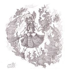 Rule 34 | 1girl, :d, absurdres, belt, graphite (medium), greyscale, hair ribbon, highres, looking at viewer, monochrome, necktie, open mouth, ribbon, rumia, shirt, shoes, short hair, signature, skirt, smile, socks, sogin, solo, touhou, traditional media, vest