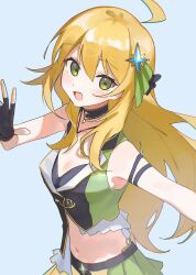 Rule 34 | 1girl, absurdres, ahoge, armband, asymmetrical clothes, blonde hair, breasts, choker, chromatic aberration, cleavage, cropped arms, cropped torso, fingerless gloves, frills, gloves, green eyes, green shirt, green skirt, hair ornament, highres, hoshii miki, idolmaster, idolmaster (classic), jewelry, kurobeko (kur0bek0), long hair, looking at viewer, medium breasts, navel, necklace, open mouth, shirt, sidelocks, skirt, sleeveless, sleeveless shirt, solo, star (symbol), star hair ornament, white background
