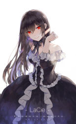 Rule 34 | 1girl, alice (pandora hearts), arm up, artist name, bare shoulders, black dress, black hair, black ribbon, breasts, character name, closed mouth, collarbone, copyright name, dress, frilled dress, frills, kistina, long dress, long hair, long sleeves, looking at viewer, neck ribbon, pandora hearts, red eyes, ribbon, simple background, small breasts, smile, solo, standing, white background