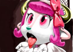 Rule 34 | 1girl, baseball cap, buffalo bell, cupping hands, furry, furry female, hat, horns, kaze fukeba nanashi, mascot, nippon professional baseball, open mouth, orix buffaloes, own hands together, pink eyes, pink hair, simple background, solo, tongue, tongue out