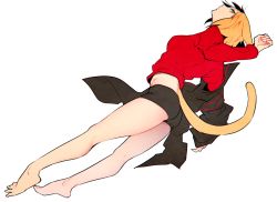 Rule 34 | 1girl, animal ears, black jacket, black shorts, blonde hair, breasts, commentary request, from above, from side, full body, genderswap, genderswap (mtf), izumi kouhei, jacket, long sleeves, looking at viewer, lying, parted lips, pepper fever, red shirt, shirt, short hair, short shorts, shorts, sideways, simple background, solo, sweater, tail, white background, world trigger, yellow eyes