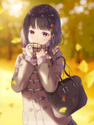 Rule 34 | 1girl, :|, autumn, autumn leaves, bag, bag charm, black bag, black hair, blunt bangs, blurry, blurry background, bokeh, brown coat, brown eyes, brown scarf, cardigan, carrying bag, charm (object), closed mouth, clothes grab, coat, depth of field, duffel coat, enpera, flower, gradient eyes, hair flower, hair ornament, hand on own chest, highres, kusaka kou, long sleeves, medium hair, multicolored eyes, original, pink cardigan, plaid, plaid scarf, plaid skirt, pleated skirt, scarf, school bag, skirt, solo, solo focus, sunlight, two-tone scarf, upper body, yellow background, yellow eyes, yellow scarf