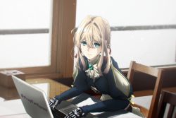 Rule 34 | 1girl, blue eyes, braid, chair, closed mouth, computer, desk, dress, genya (genya67), hair between eyes, hair intakes, hair ribbon, highres, indoors, kyoto animation, laptop, long hair, looking at viewer, prosthesis, prosthetic hand, red ribbon, ribbon, silver hair, smile, solo, striped clothes, striped dress, violet evergarden, violet evergarden (series), white dress, white neckwear