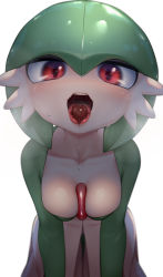 Rule 34 | 1girl, all fours, blurry, blush, breasts, breath, chocolate, collarbone, colored skin, creatures (company), depth of field, drooling, female focus, game freak, gardevoir, gen 3 pokemon, green hair, green skin, hair between eyes, heart-shaped food, highres, kashu (hizake), looking at viewer, medium breasts, melting, multicolored skin, nintendo, nose blush, open mouth, pokemon, pokemon (creature), red eyes, saliva, shiny skin, short hair, simple background, solo, straight-on, sweat, teeth, tongue, tongue out, two-tone skin, white background, white skin