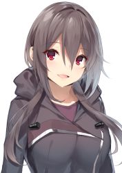 Rule 34 | 1girl, :d, black jacket, blush, breasts, brown shirt, collarbone, commentary request, hair between eyes, head tilt, hood, hood down, hooded jacket, jacket, konomi (yappen), long hair, looking at viewer, medium breasts, open mouth, original, red eyes, shirt, simple background, smile, solo, white background, yappen