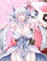 1girl absurdres andrew_(duel_angel) bare_shoulders blurry blurry_background breasts cleavage cowboy_shot demon_girl demon_horns destructive_daruma_karma_cannon dress drill_hair duel_monster grey_eyes grey_hair highres horns large_breasts long_hair lovely_labrynth_of_the_silver_castle musical_note pointy_ears solo solo_focus textless_version twin_drills white_dress yu-gi-oh!