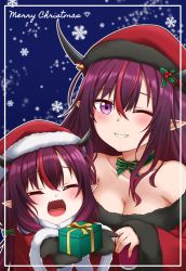 Rule 34 | 2girls, absurdres, bare shoulders, black gloves, blush, box, breasts, cleavage, collarbone, closed eyes, facing viewer, fangs, gift, gift box, gloves, grin, hat, highres, holding, holding gift, hololive, hololive english, horns, irys (hololive), jan azure, large breasts, lips, long hair, long sleeves, looking at viewer, merry christmas, multiple girls, nail polish, one eye closed, open mouth, parted lips, pink nails, pointy ears, purple eyes, red hair, red headwear, santa costume, santa hat, smile, snowflakes, teeth, virtual youtuber