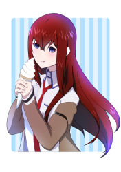 Rule 34 | 1girl, :q, absurdres, blue background, blue eyes, blush, border, brown coat, closed mouth, clothes down, coat, collared shirt, floating hair, food, hair between eyes, highres, holding, holding food, ice cream, long hair, long sleeves, makise kurisu, makisu, necktie, outside border, red hair, red necktie, shirt, smile, solo, steins;gate, straight hair, striped, striped background, tayutau0a0, tongue, tongue out, upper body, very long hair, white border, white shirt, wing collar