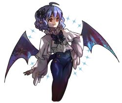 Rule 34 | 1girl, ahoge, bat wings, bow, cowboy shot, fang, hair bow, jewelry, looking to the side, luo qiangwei, pointy ears, purple hair, red eyes, remilia scarlet, skin fang, smile, solo, touhou, white background, wings