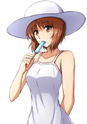 Rule 34 | 1girl, arm behind back, brown eyes, brown hair, commentary, dress, food, food in mouth, girls und panzer, hat, highres, holding, holding food, looking at viewer, nishizumi miho, omachi (slabco), open mouth, popsicle, short hair, simple background, solo, spaghetti strap, standing, sun hat, sundress, upper body, white background, white hat