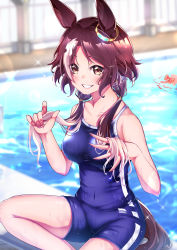 Rule 34 | 1girl, :d, alternate hairstyle, animal ears, blue one-piece swimsuit, blurry, blurry background, brown hair, grin, hero (10cl3), highres, horse ears, horse girl, horse tail, indoors, long hair, looking at viewer, one-piece swimsuit, open mouth, pool, poolside, school swimsuit, sitting, smile, solo, swimsuit, tail, teeth, umamusume, vodka (umamusume), water, wet, wet hair, when you see it, yellow eyes