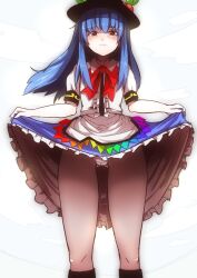 Rule 34 | 1girl, black headwear, blue hair, blush, bow, bowtie, center frills, closed mouth, clothes lift, collared shirt, commentary request, feet out of frame, food, frills, fruit, highres, hinanawi tenshi, leaf, lifting own clothes, long hair, looking at viewer, panties, panties day, peach, rainbow gradient, red bow, red bowtie, red eyes, shirt, short sleeves, simple background, skirt, skirt lift, solo, starraisins, touhou, underwear, white background, white panties, white shirt