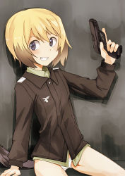 Rule 34 | 1girl, animal ears, artist request, blonde hair, blue eyes, blush, bob cut, collared shirt, dog ears, dog tail, emblem, erica hartmann, grey background, grin, gun, highres, looking at viewer, military, military uniform, no pants, panties, shirt, short hair, smile, strike witches, tail, teeth, trigger discipline, underwear, uniform, weapon, white panties, world witches series