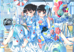 Rule 34 | 2girls, bad id, bad pixiv id, barefoot, black eyes, black hair, blue eyes, book, book stack, bottle, bow, corded phone, hand fan, feet, floral print, folding fan, glass, hair bow, highres, japanese clothes, kimono, mosquito coil, multiple girls, original, phone, sitting, sodapop (iemaki), toes, wind chime