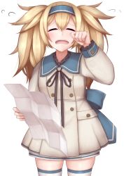 Rule 34 | 1girl, alternate costume, blonde hair, blue eyes, blue hairband, cowboy shot, crying, dress, closed eyes, flying sweatdrops, gambier bay (kancolle), hairband, highres, kantai collection, long hair, map (object), sailor dress, simple background, solo, thighhighs, tiemu (man190), twintails, white background, white dress, white thighhighs