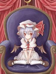 Rule 34 | 1girl, armchair, bad id, bad pixiv id, bat wings, between thighs, blue hair, blush, chair, curtains, feet on chair, female focus, hat, highres, mary janes, momokumo, red eyes, remilia scarlet, shoes, short hair, sitting, solo, thighs, touhou, v arms, wariza, wings