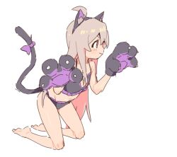Rule 34 | 1girl, ahoge, animal ear fluff, animal ear hairband, animal ears, animal hands, bare arms, bare legs, bare shoulders, barefoot, black bra, black hairband, black panties, bow, bra, brown eyes, cat ears, cat tail, cleavage cutout, clothing cutout, commentary, fake animal ears, flat chest, frilled bra, frilled panties, frills, full body, genderswap, genderswap (mtf), gloves, grey hair, hair between eyes, hairband, highres, karubi (karubi465558), kneeling, lingerie, long hair, multicolored hair, onii-chan wa oshimai!, oyama mahiro, panties, paw gloves, paw pose, pink hair, purple bow, simple background, sketch, solo, tail, tail bow, tail ornament, two-tone hair, underwear, underwear only, very long hair, white background