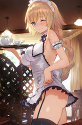 Rule 34 | 1girl, apron, bare shoulders, blonde hair, blue eyes, blush, braid, breasts, closed mouth, cup, dress, fate/apocrypha, fate (series), highres, jeanne d&#039;arc (fate), jeanne d&#039;arc (ruler) (fate), large breasts, long hair, looking at viewer, maid headdress, one eye closed, seon (seonon ), single braid, smile, solo, teacup, teapot, thighhighs, thighs, tray, very long hair, white dress
