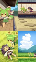 Rule 34 | 2girls, :3, @ @, absurdres, ahoge, angry, blade, blue sky, blunt bangs, blush stickers, bow, brown hair, chasing, chibi, closed eyes, cloud, collage, commentary, day, exhausted, field, grass, green hair, green shorts, hair between eyes, headgear, highres, japanese clothes, kimono, kiritanpo (food), konohoshi, long hair, looking at another, low ponytail, lying, medium hair, mountainous horizon, multiple girls, no lineart, obi, obijime, on back, on ground, open mouth, outdoors, pea pod, puffy shorts, purple skirt, red bow, red eyes, running, sash, shirt, short kimono, short sleeves, short twintails, shorts, shouji, shouting, skirt, sky, sliding doors, summer, suspender shorts, suspenders, symbol-only commentary, theft, tile roof, touhoku kiritan, twintails, v-shaped eyebrows, veranda, voiceroid, voicevox, waist bow, white kimono, white shirt, wide sleeves, wooden floor, yellow eyes, zundamon