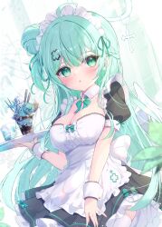 Rule 34 | 1girl, angel wings, blush, breasts, cleavage, closed mouth, green eyes, green hair, highres, holding, holding tray, large breasts, long hair, looking at viewer, maid, maid headdress, mikaze oto, original, puffy short sleeves, puffy sleeves, short sleeves, solo, thighhighs, tray, white thighhighs, wings, wrist cuffs