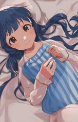 Rule 34 | 1girl, blue hair, brown eyes, collarbone, commentary request, highres, idolmaster, idolmaster million live!, idolmaster million live! theater days, inuyama nanami, kitakami reika, long hair, long sleeves, looking at viewer, lying, on back, pillow, smile, solo, striped pillow, twintails