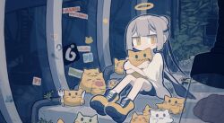 Rule 34 | 1girl, animal, blush, blush stickers, brown hair, cat, closed mouth, fork, halo, highres, holding, holding animal, holding cat, knife, misskey.io, original, period59, shirt, sitting, too many, too many cats, white shirt, yellow eyes, yellow footwear
