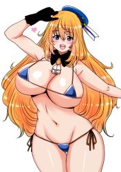 Rule 34 | 10s, 1girl, atago (kancolle), bikini, blonde hair, blue eyes, blush, breasts, cleavage, curvy, groin, hat, heart, kantai collection, large breasts, long hair, looking at viewer, micro bikini, navel, open mouth, perepere-kun, skindentation, smile, solo, swimsuit, teeth, thick thighs, thighs, very long hair, wide hips