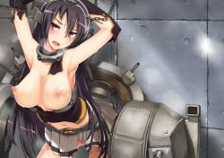 Rule 34 | 10s, 1girl, armpits, arms up, bare shoulders, bdsm, black hair, blush, bondage, bound, breasts, chain, elbow gloves, gloves, hair ornament, kantai collection, large breasts, long hair, miniskirt, mozu (peth), nagato (kancolle), navel, nipples, open mouth, personification, red eyes, restrained, skirt, solo, torn clothes, torn skirt
