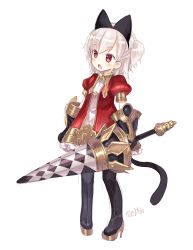 Rule 34 | 1girl, animal ears, bad id, bad pixiv id, blush, boots, capriccio, cat ears, coat, fake animal ears, fang, frills, full body, gauntlets, hibanar, high heels, highres, kaburi chiko, lance, open mouth, original, polearm, puffy short sleeves, puffy sleeves, red coat, red eyes, short hair, short ponytail, short sleeves, silver hair, simple background, solo, thigh boots, thighhighs, tree of savior, weapon, white background