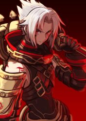 Rule 34 | .hack//, .hack//g.u., 1boy, albino, black gloves, buckle, closed mouth, cowboy shot, elbow gloves, gloves, gradient background, haseo (.hack//), holding, holding weapon, looking at viewer, male focus, parted bangs, red background, red eyes, rune (ru-nn), solo, spiked hair, standing, tattoo, weapon, white hair