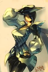 Rule 34 | 1girl, black hair, breasts, cleavage, fiora (league of legends), hair over one eye, hand on own hip, hat, ipgae, large breasts, league of legends, long sleeves, pants, puffy long sleeves, puffy sleeves, short hair, solo