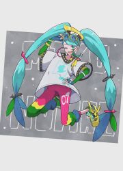 Rule 34 | 1girl, adjusting eyewear, aqua eyes, aqua hair, character name, chatot, commentary, creatures (company), domidomi444, earrings, eyewear on head, game freak, gen 4 pokemon, hairpin, hand on eyewear, hand on own hip, hatsune miku, highres, jewelry, long hair, multicolored pants, multiple hairpins, nintendo, normal miku (project voltage), one eye closed, open mouth, pants, pokemon, project voltage, shirt, shoes, smile, sneakers, sunglasses, twintails, very long hair, vocaloid, white shirt