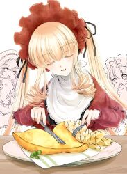 Rule 34 | 3girls, blonde hair, bonnet, closed eyes, crepe, dress, drill hair, food, fork, highres, hinaichigo, holding, holding fork, holding knife, kiru (m putorius), knife, lolita fashion, long sleeves, multiple girls, napkin, open mouth, partially colored, plate, red dress, rozen maiden, shinku, smile, solo focus, suiseiseki, twintails, white background, you&#039;re doing it wrong