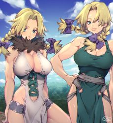 Rule 34 | 1girl, blonde hair, bow, braid, breasts, cleavage, dr. stone, dress, green dress, green eyes, hair bow, hair intakes, hanada nikki, hand on own hip, highres, hip vent, large breasts, lips, murata tefu, parted bangs, pelvic curtain, simple background, thighs, torn clothes, twin braids, white dress