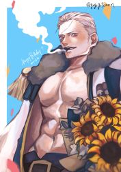 Rule 34 | 1boy, absurdres, flower, grgrgrteeen, hair slicked back, happy birthday, highres, large pectorals, male focus, muscular, muscular male, one piece, open clothes, open shirt, pectoral cleavage, pectorals, scar, scar on face, smoker (one piece), solo, sunflower, twitter username, white hair