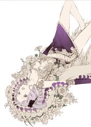 Rule 34 | 1girl, barefoot, breasts, curly hair, drill hair, flat color, flower, frills, gathers, hat, light purple hair, medium breasts, okama, original, purple eyes, skirt, smile, solo, twin drills, twintails, underboob, upside-down