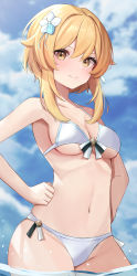 Rule 34 | 1girl, absurdres, bare shoulders, bikini, blonde hair, blue sky, blush, breasts, cleavage, clenched hands, closed mouth, cloud, collarbone, commentary request, cowboy shot, day, flower, front-tie bikini top, front-tie top, genshin impact, hair between eyes, hair flower, hair ornament, hands on own hips, highres, looking at viewer, lumine (genshin impact), medium breasts, midriff, navel, outdoors, sera narumu, short hair with long locks, side-tie bikini bottom, side-tie bottom, sky, smile, solo, swimsuit, underboob, wading, water, white bikini, white flower, yellow eyes