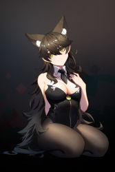 Rule 34 | 1girl, absurdres, alternate costume, animal ear fluff, animal ears, atago (azur lane), azur lane, bare shoulders, black background, black leotard, black necktie, black pantyhose, breasts, brown hair, cleavage, closed mouth, commentary, detached collar, full body, hair between eyes, head tilt, highres, large breasts, leotard, long hair, looking at viewer, necktie, pantyhose, playboy bunny, seiza, short necktie, simple background, sitting, smile, solo, very long hair, wavy hair, wing collar, yellow eyes, yigali xinji