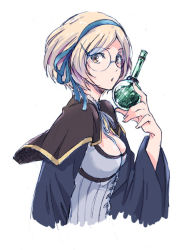 Rule 34 | 10s, 1girl, :o, alchemist (granblue fantasy), beaker, blonde hair, blue ribbon, breasts, brown eyes, capelet, cleavage, djeeta (granblue fantasy), gb hm, glasses, granblue fantasy, hairband, holding, long sleeves, open mouth, ribbon, round eyewear, short hair, simple background, solo, upper body, white background, wide sleeves