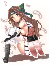 Rule 34 | 10s, 1girl, blush, bow, breasts, brown eyes, brown hair, feathers, forehead protector, from side, hair bow, hair intakes, headband, highres, jintsuu (kancolle), jintsuu kai ni (kancolle), kantai collection, large breasts, long hair, looking at viewer, looking to the side, sideboob, sitting, smile, solo, thighhighs, untue, white thighhighs